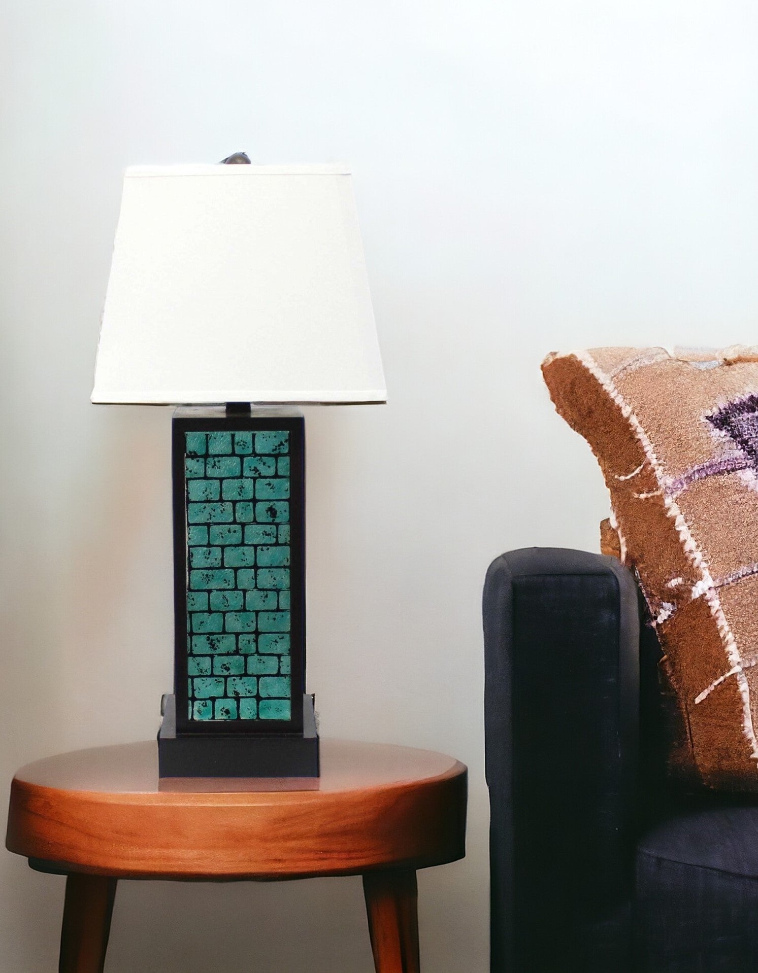 13 X 15 X 30.75 Black Metal With Teal Brick Pattern - Table Lamp