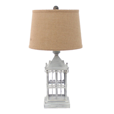 26" Gray Metal Table Lamp With Brown Drum Shade 
