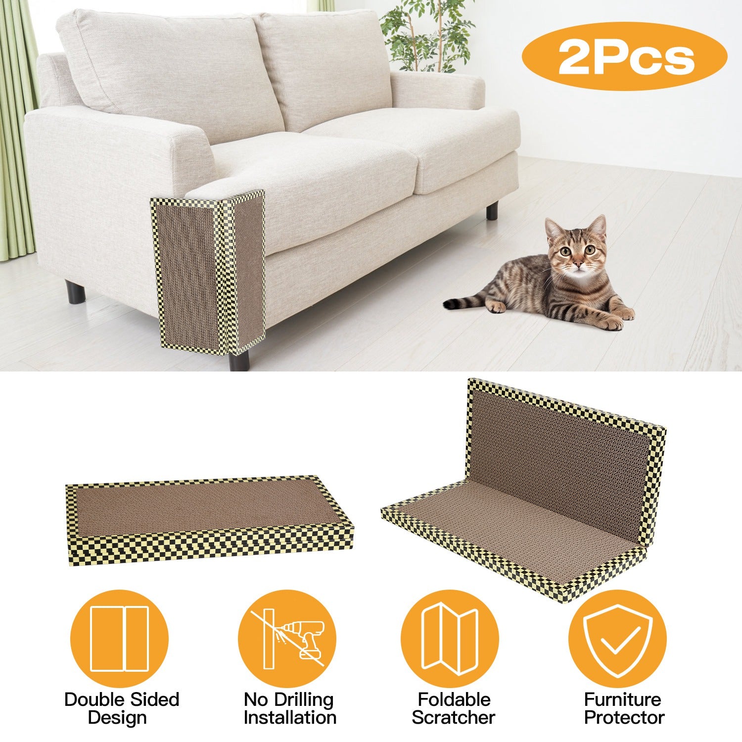 2Pcs Foldable Cat Scratcher Sofa Wall Couch Corner Vertical Double-Sided Cat Scratching Board No Drilling Cardboard Kitten Furniture Protector