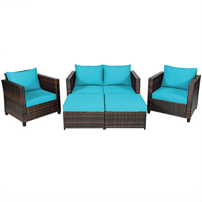 5 Pieces Patio Cushioned Rattan Furniture Set-TurquoiseÂ 