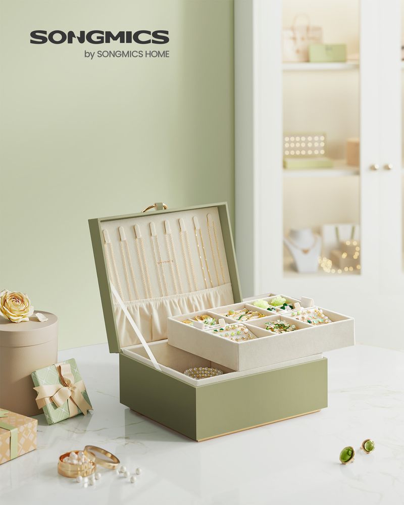 SONGMICS 2-Layer Jewelry Box with Handle and Removable Jewelry Tray 