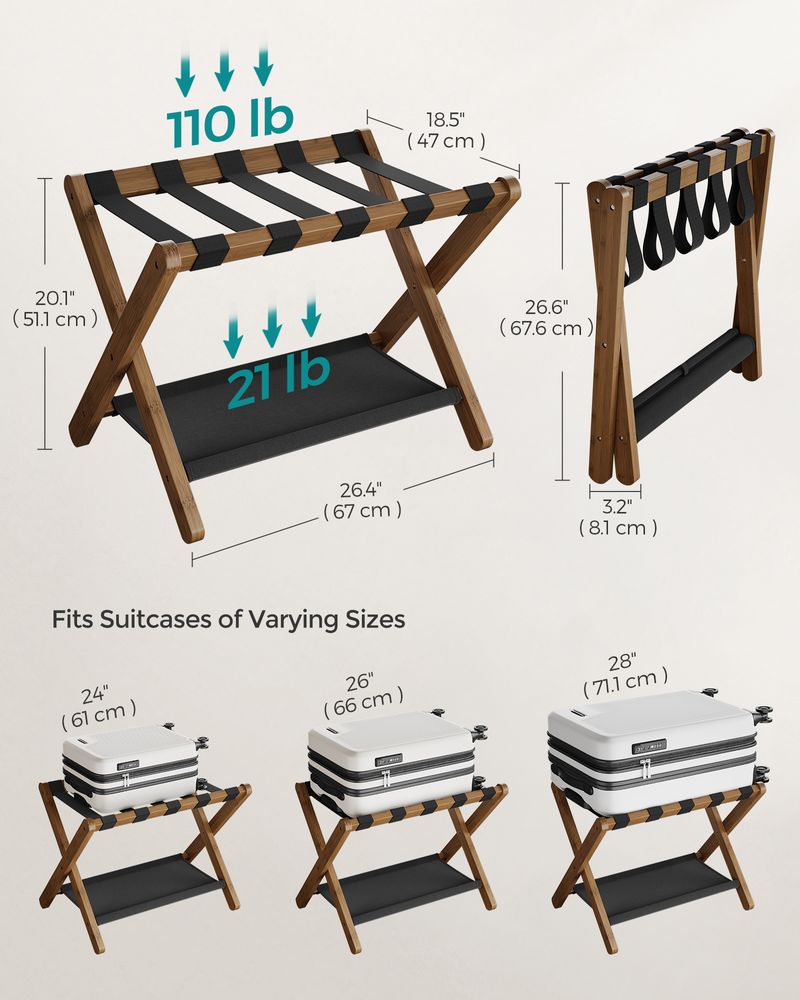 SONGMICS Folding Suitcase Stand with Storage Shelf 