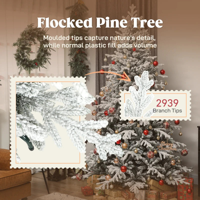 HOMCOM 7FT Artificial Flocked Christmas Tree, Full Snow-Covered Pine Xmas Tree with Realistic Tips, Hinged Branches, and Metal Stand 