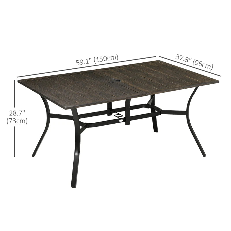 Steel Frame 59 Inch Outdoor Dining Table for Six with Parasol Hole, Wood Grain Tabletop, for Backyard, Garden, Brown