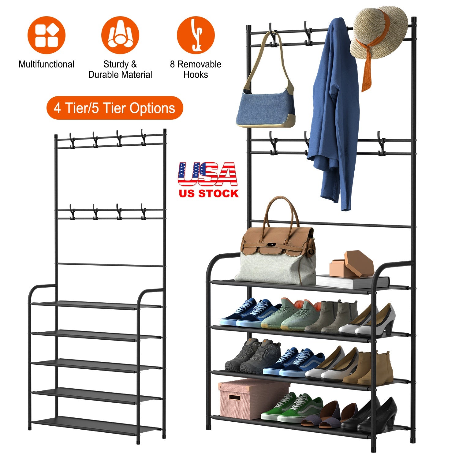 Entryway Coat Hat Rack Shoe Storage Shelf 4 Tier Shoe Rack Freestanding Hall Tree Garment Hanger Stand Clothes Shoe Organizer Combo 