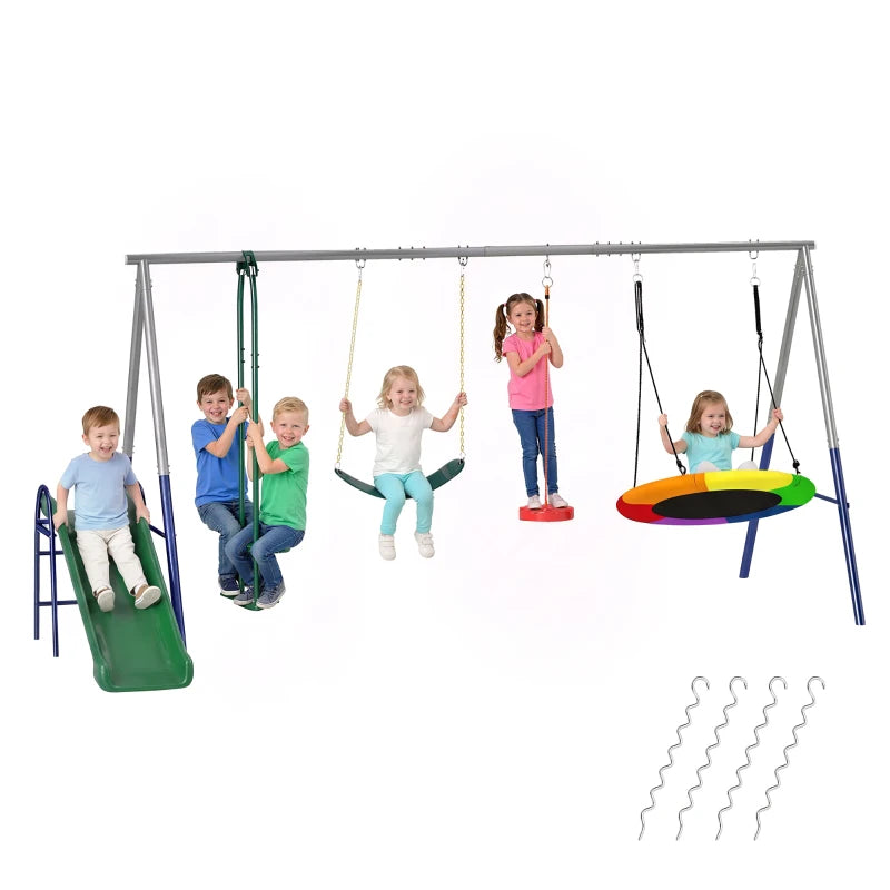 Qaba 5-in-1 Kids Swing Set with Slide, Swings and Glider for Backyard, 770lbs Capacity, for Ages 3-8, Multicolour