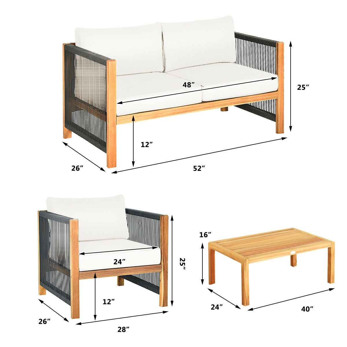 4 Pcs Acacia Wood Outdoor Patio Furniture Set with Cushions-White