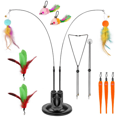 2 Cat Wand Toys with Suction Cup Double Head Interactive Cat Feather Toy 9Pcs Teaser Replacements with Bell Cats Self Playing Hanging Indoor Cat Toy 