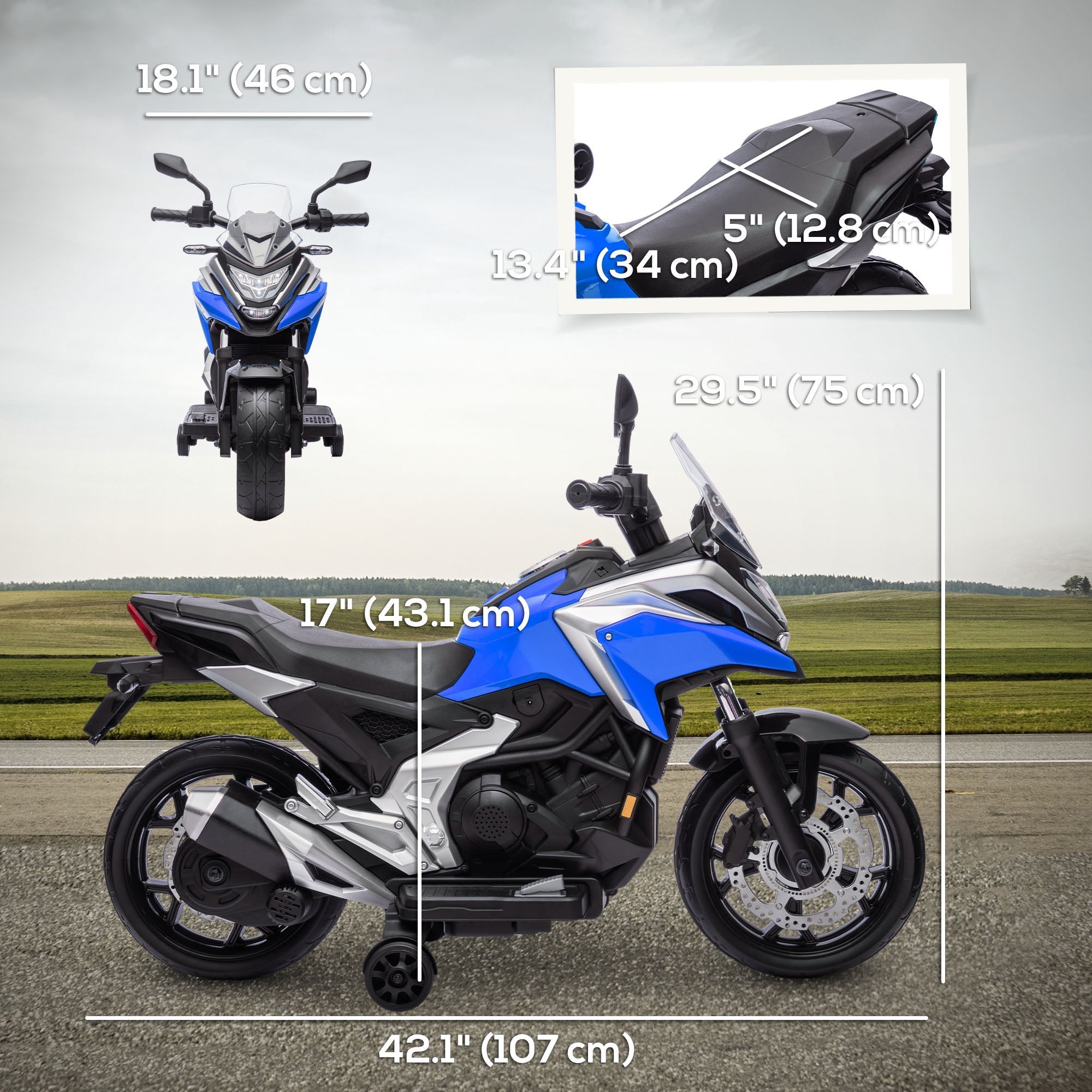 Qaba Honda Licensed 12V Ride on Motorbike for Kids with Headlights Music Training Wheels, for 3-6 Years, Blue 