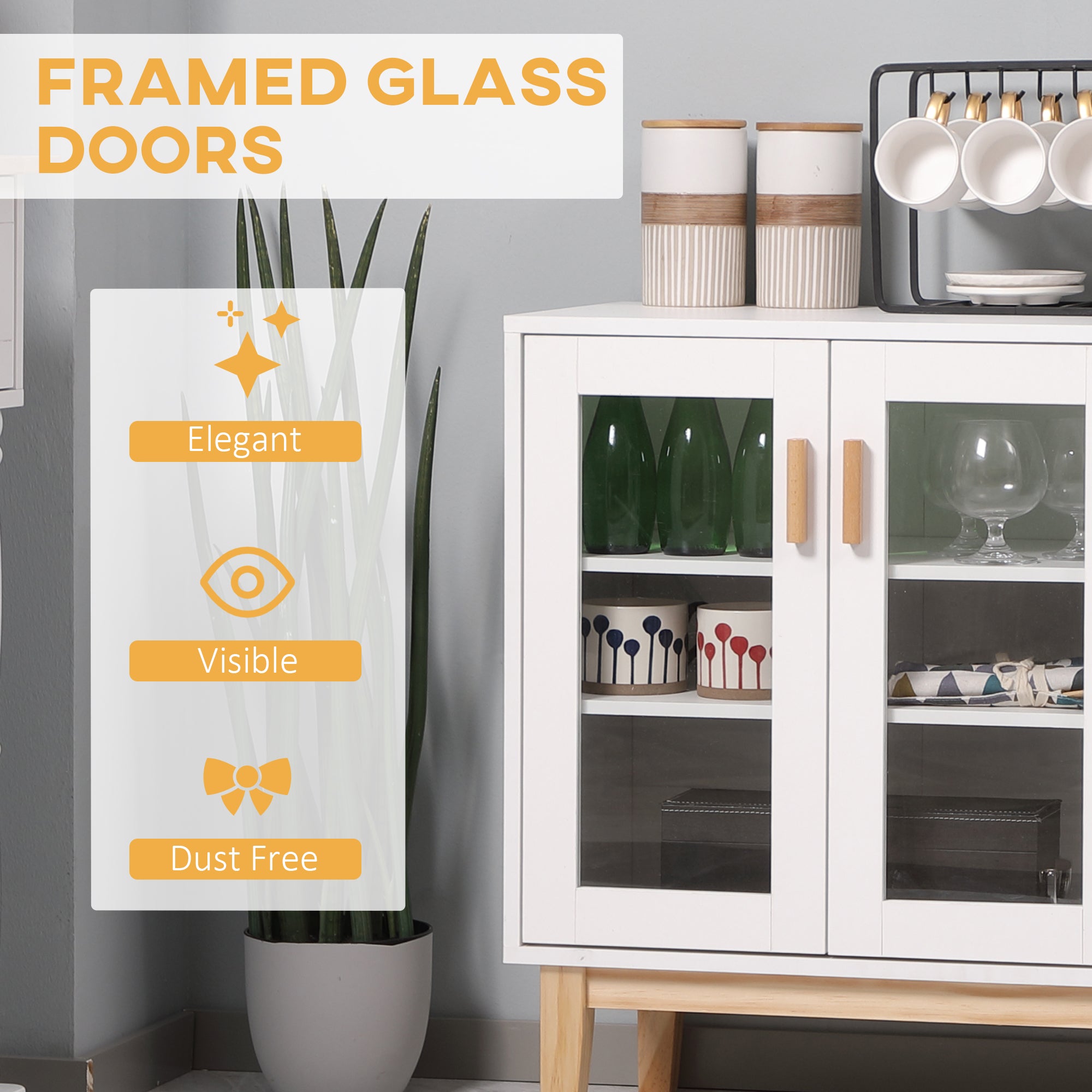 HOMCOM Buffet Cabinet with Wine Rack Glass Doors Adjustable Shelves Coffee Bar Living Room 