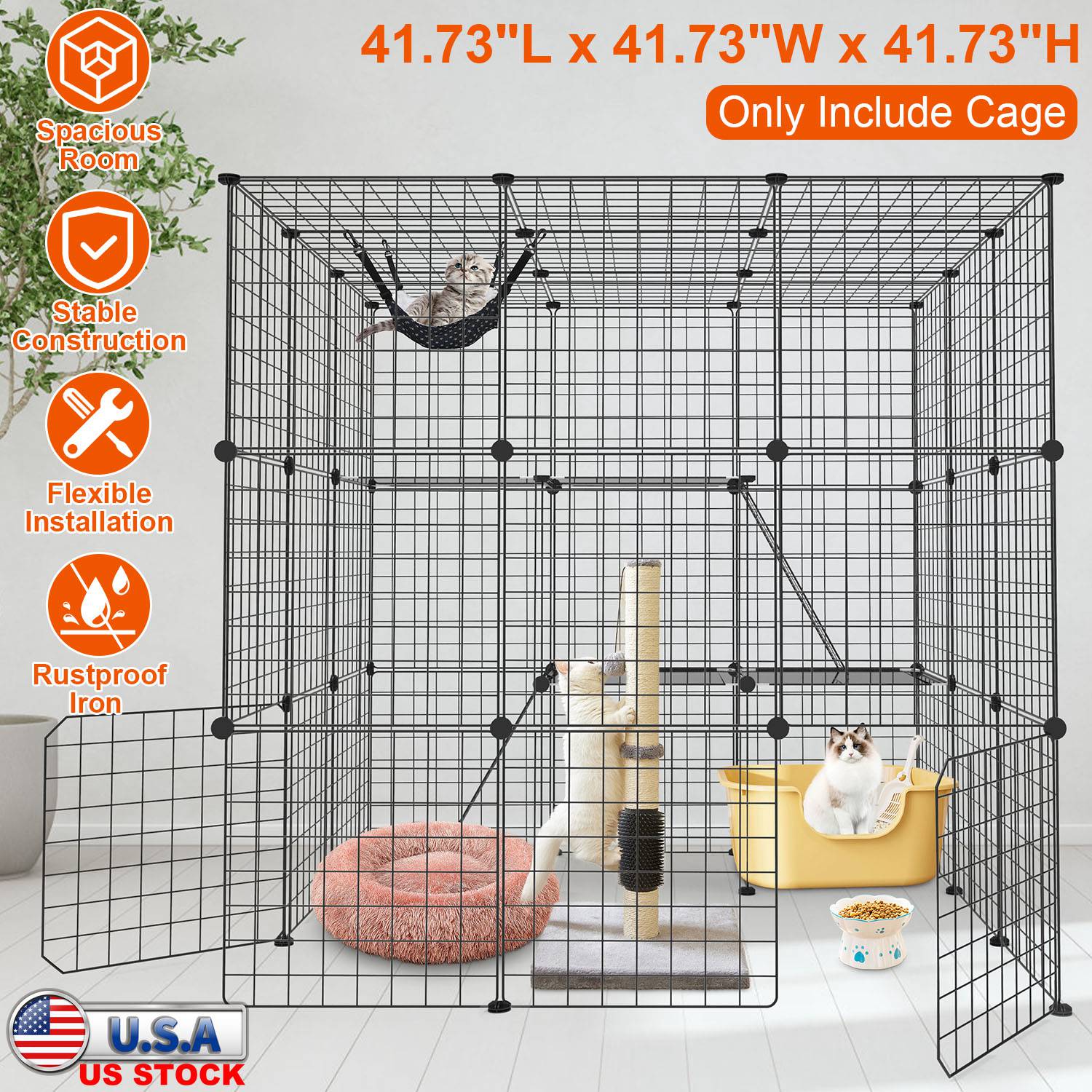 3 Tier Large Cat Cage Enclosure Indoor Cat Playpen Iron Construction Cat House Detachable Cat Crate With 2 Ladders Doors For 1-4 Cats 41.73”L x 41.73”