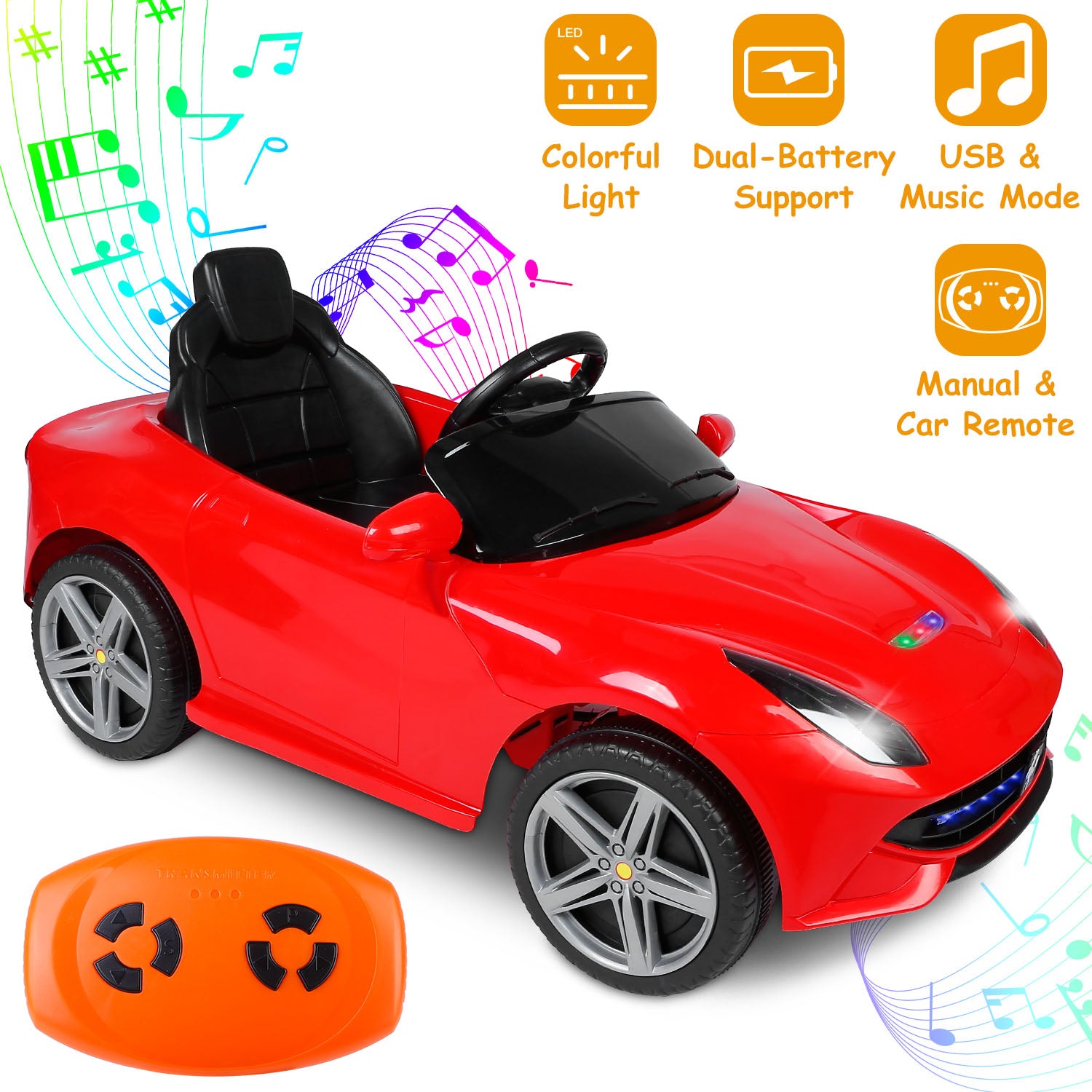 Kids Electric Ride On Car with Parental Remote Control Early Education Music Car Lights Connection Sound Button 3 Speeds