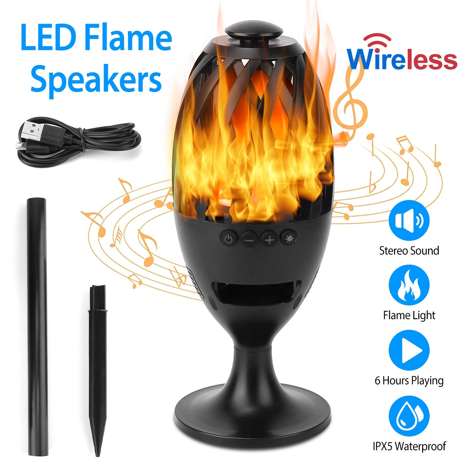 LED Flame Speakers Torch Wireless Speaker Waterproof Stereo Bass Speaker Outdoor Light-Up Speaker Atmosphere LED Flickers Night Light Patio Stake Ligh