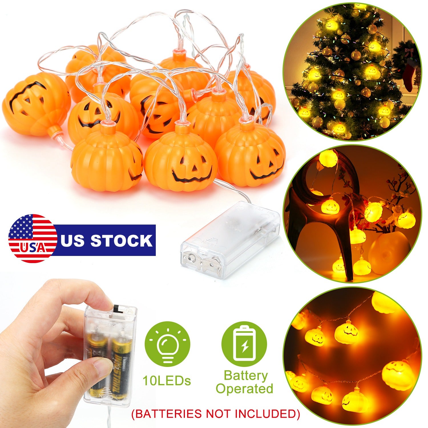 Halloween String Lights 59IN Total Length Pumpkin LED Lamps Battery Powered Decorative Holiday Lights For Indoor Decor