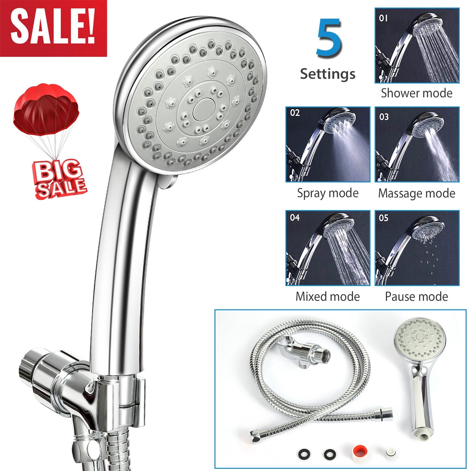 iMounTEK Handheld Shower Head Stainless High Pressure 5 Spray Settings Massage Spa Showerhead Chrome Face with Check Valve 5ft Steel Hose Adjustable A