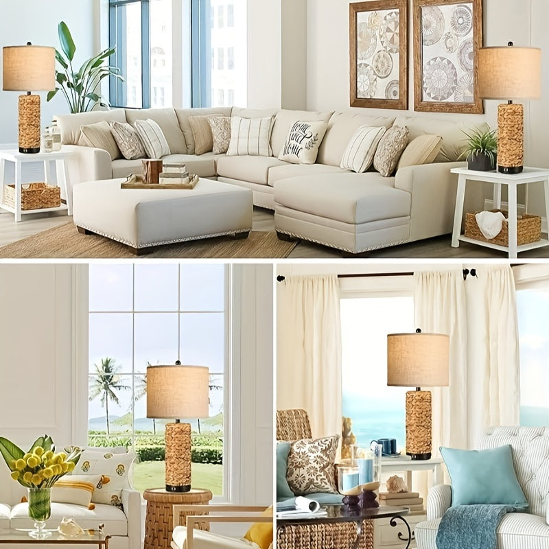 Set of 2 Rustic Touch Table Lamps for Bedroom 3 Way Dimmable Modern Farmhouse Nightstand Lamps for Living Room Coastal Sea Grass Bedside Lamps with 2 USB Ports and 1 AC Outlet, 2700K LED Bulbs Included 