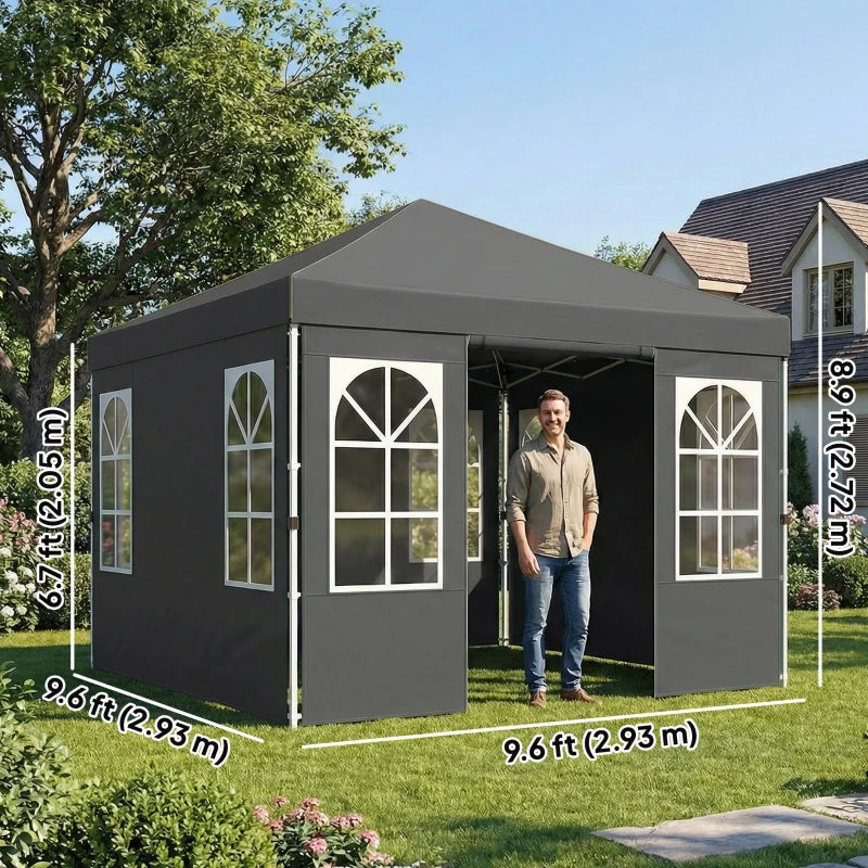 9.6 x 9.6 ft Pop Up Canopy Tent with 4 Sidewalls, UPF 50+ 1-Button Push Easy Setup Outdoor Instant Canopy, Dark Grey