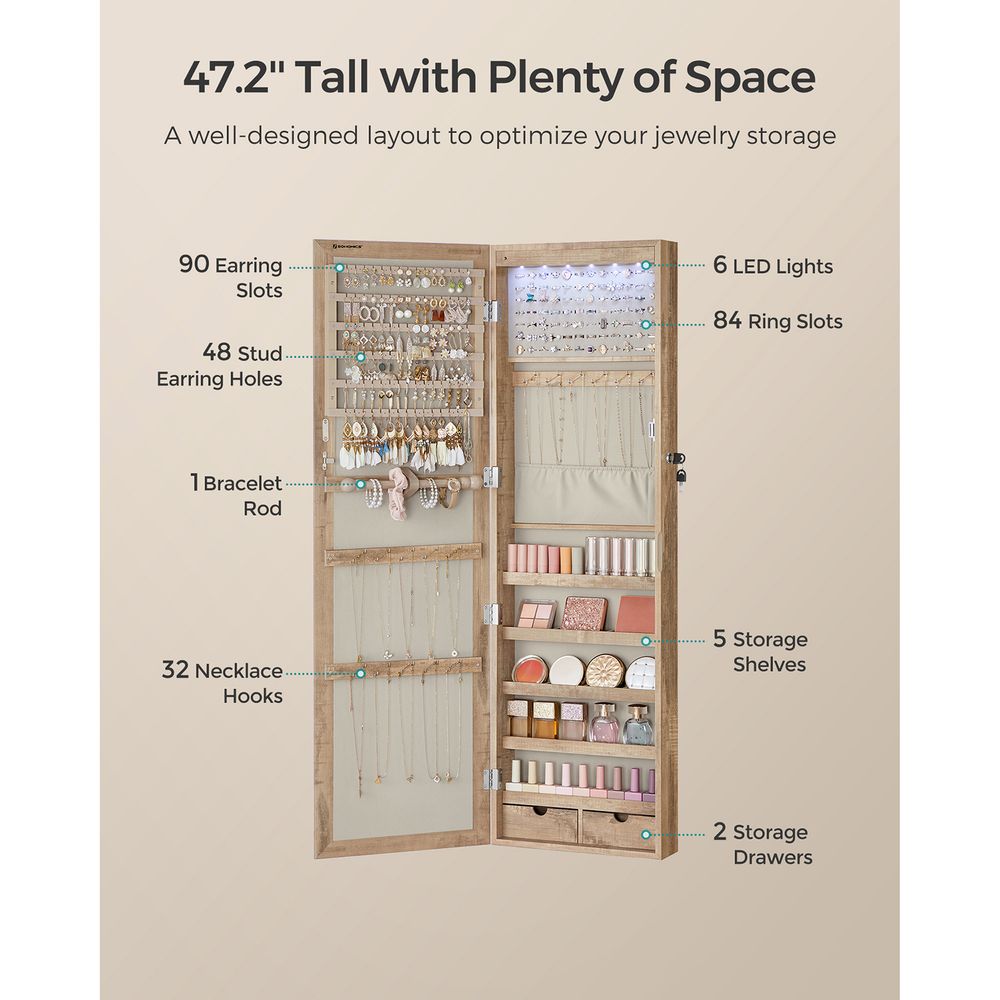 SONGMICS Lockable Wall or Door Mounted Jewelry Armoire Organizer with Mirror 