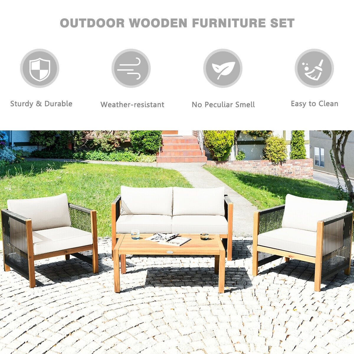 4 Pcs Acacia Wood Outdoor Patio Furniture Set with Cushions-White