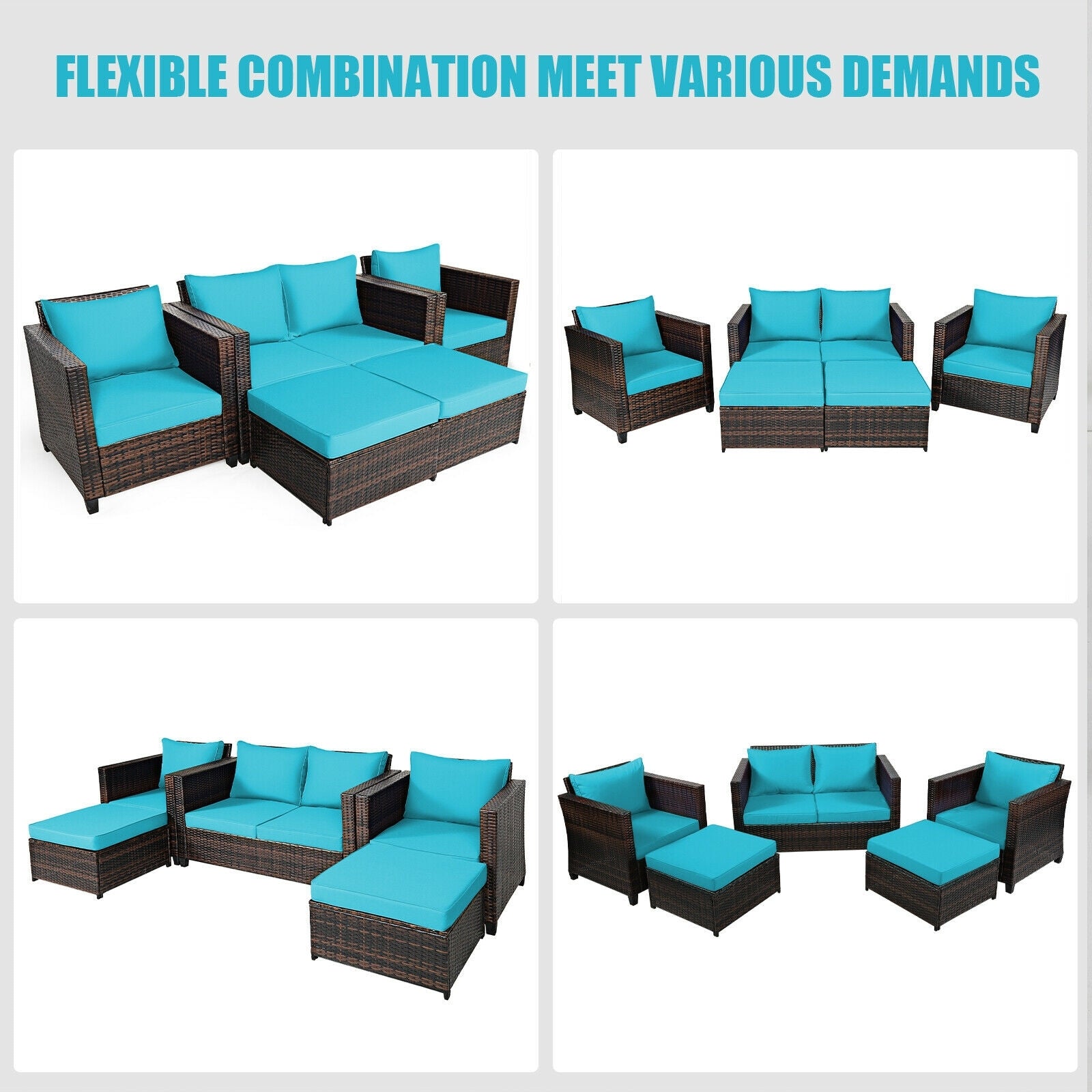 5 Pieces Patio Cushioned Rattan Furniture Set-Turquoise