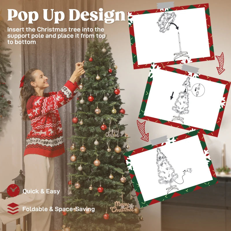 HOMCOM 7FT Prelit Pop Up Artificial Christmas Tree, Collapsible Green Xmas Tree with Warm White LED Lights and Metal Stand 