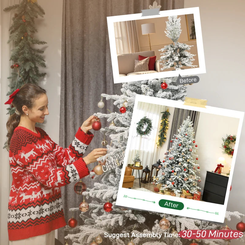 HOMCOM 7FT Artificial Flocked Christmas Tree, Full Snow-Covered Pine Xmas Tree with Realistic Tips, Hinged Branches, and Metal Stand 