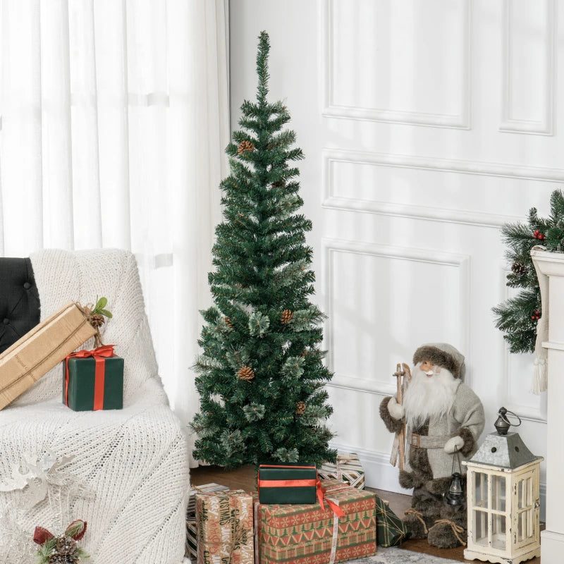 HOMCOM 6ft Prelit Pencil Artificial Christmas Tree – 395 Realistic Branches, 100 LED Lights, Foldable Metal Base, White 