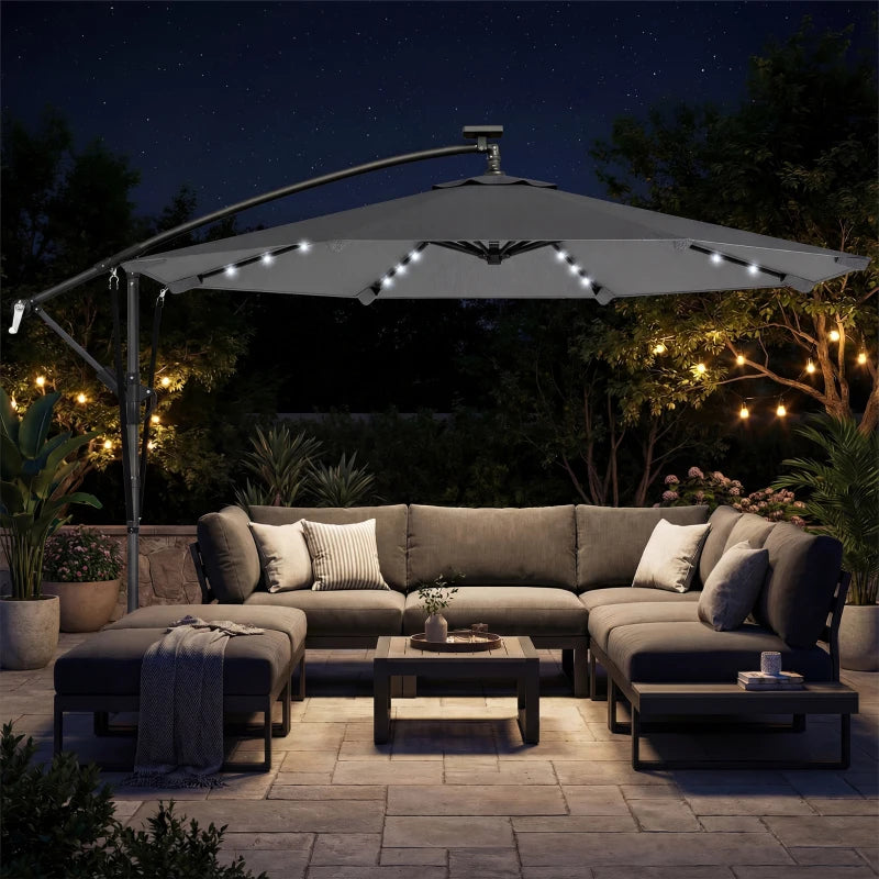 9.7ft Solar LED Cantilever Patio Umbrella with 32 LED Lights, Cross Base, Crank Handle, for Poolside, Deck, Dark Grey