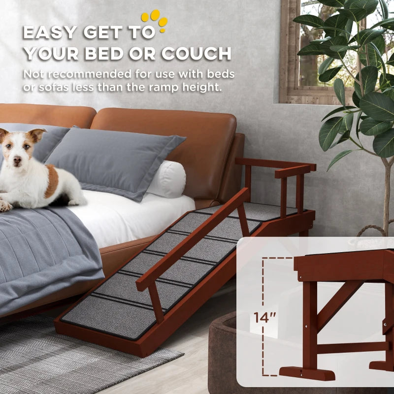 Wooden Dog Ramp for Large Dogs, 49" Long, with Non-slip Rug, Removable Guardrails for Couch, Bed, Brown