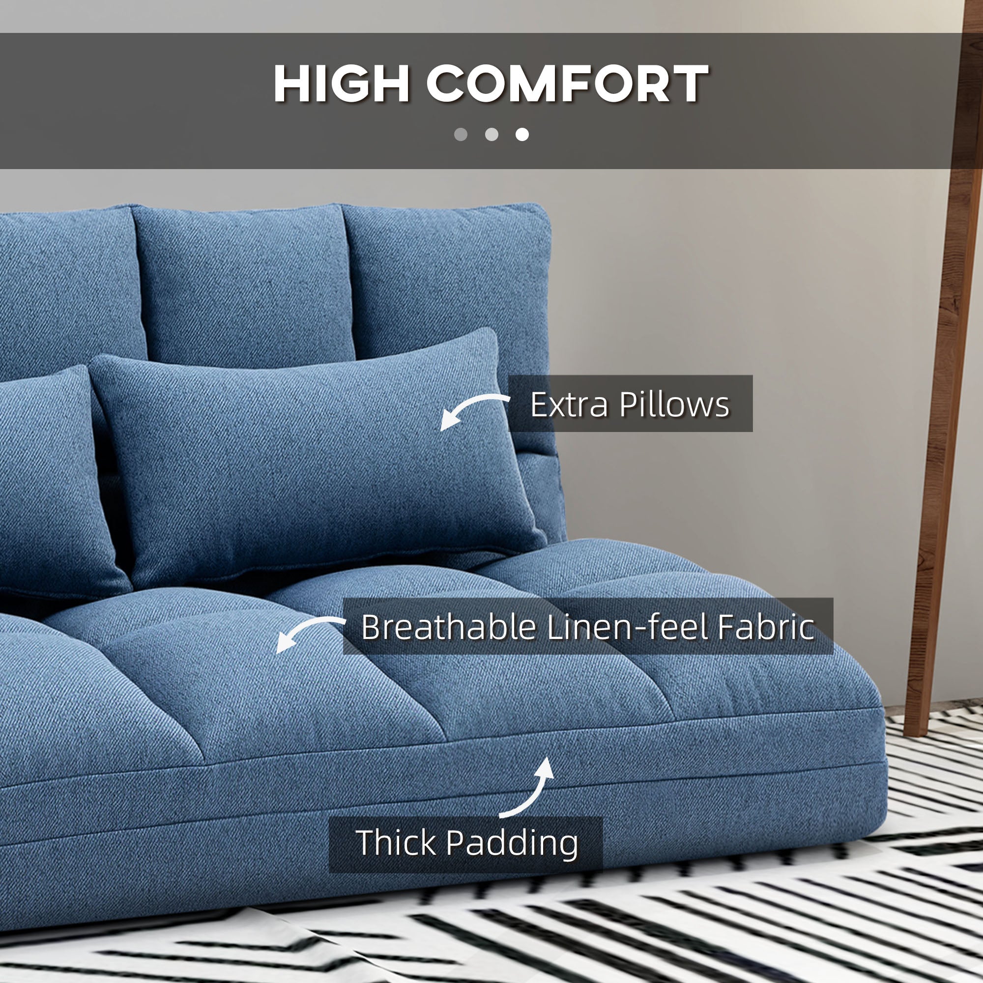 HOMCOM Floor Sofa, Foldable 2-Seater Lazy Sofa Sleeper with 9-position Backrest and 2 Pillows Light Blue 