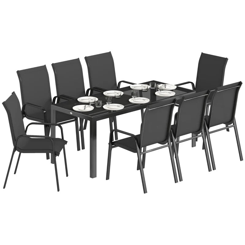 9 Pieces Patio Set with Stackable Chairs, Patio Dining Set with Glass Top for Garden, Patio, Backyard, Black