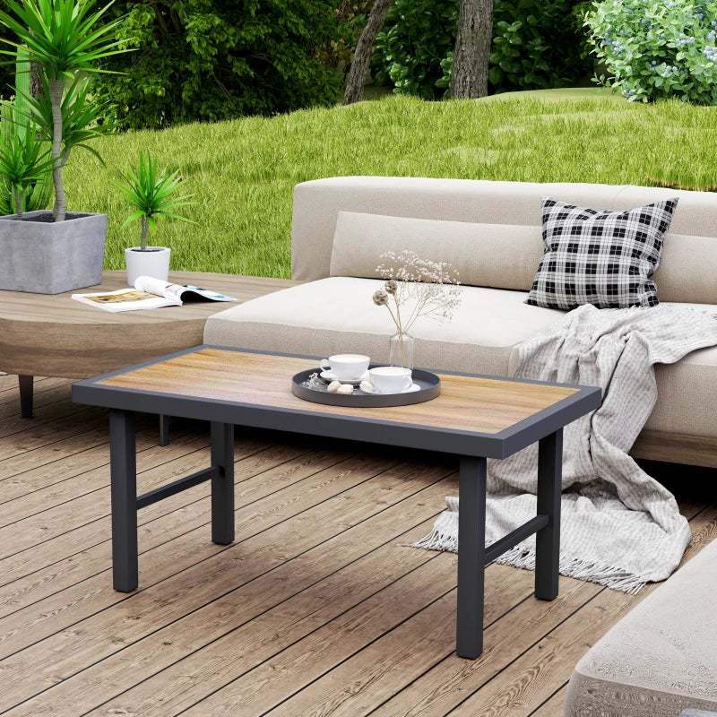 Outdoor Side Table with SPC Woodgrain Tabletop, Metal Patio Coffee Table for Outside Garden, Brown