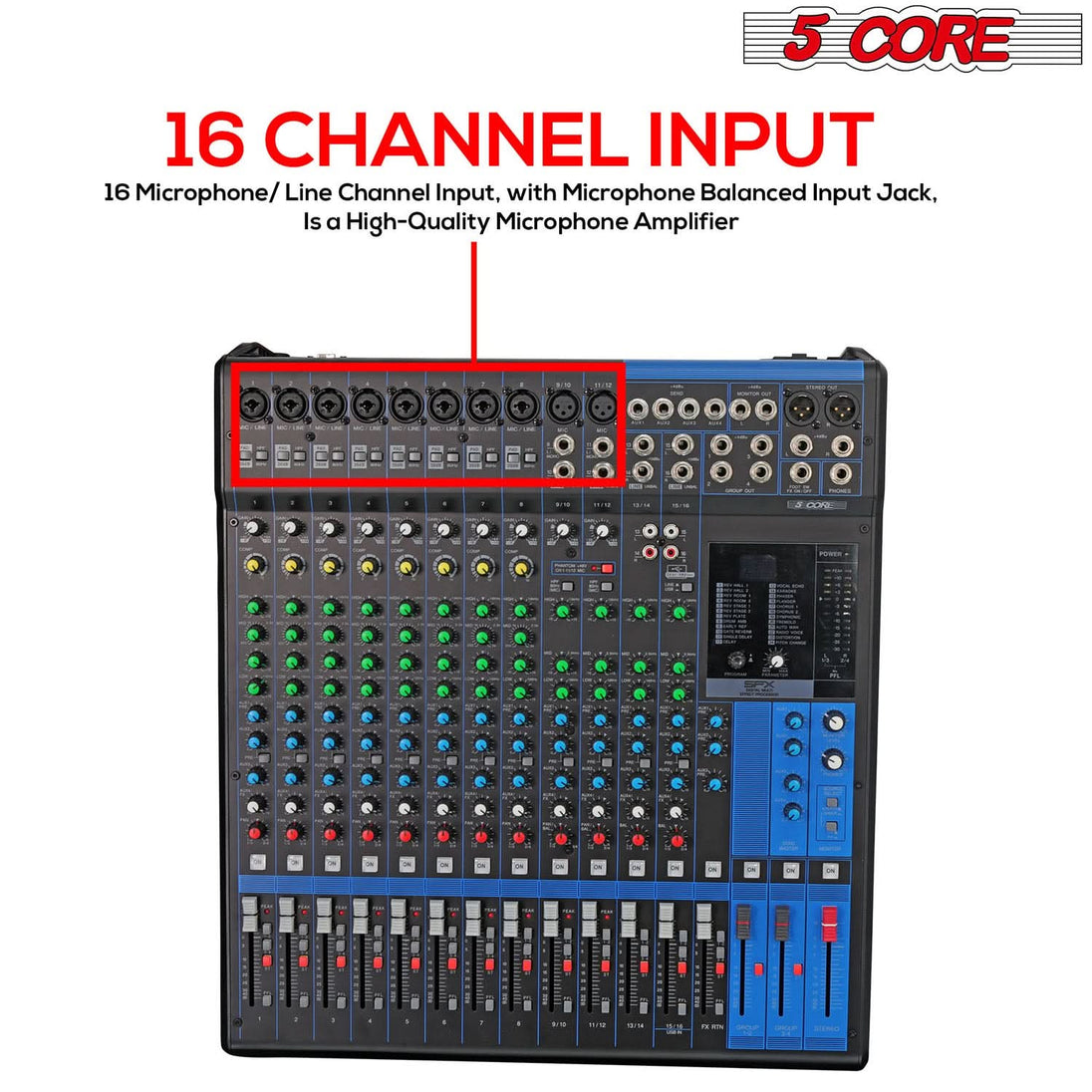 5Core Audio DJ Mixer 16 Channel Sound Board Console w 24 SPX Effect 48V Phantom Power