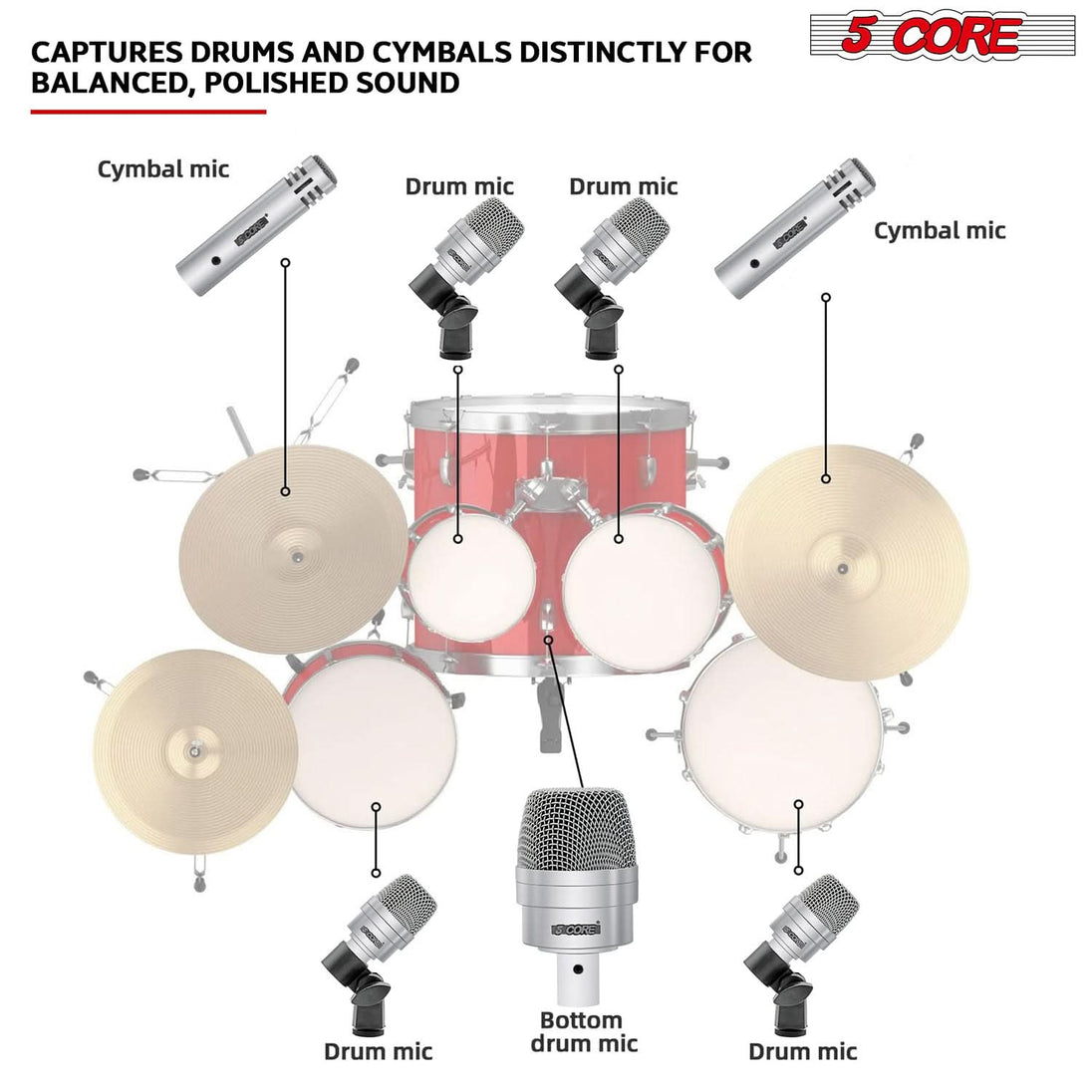 5Core Drum Mic Kit 7 Pcs Kick BassTom Snare Dynamic Microphone Instrument Mics Set Silver