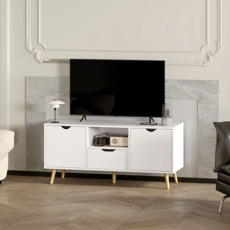 TV Stand with Storage for up to 50" TV, Modern TV Table with Open Shelf, Drawer and 2 Cabinets, White