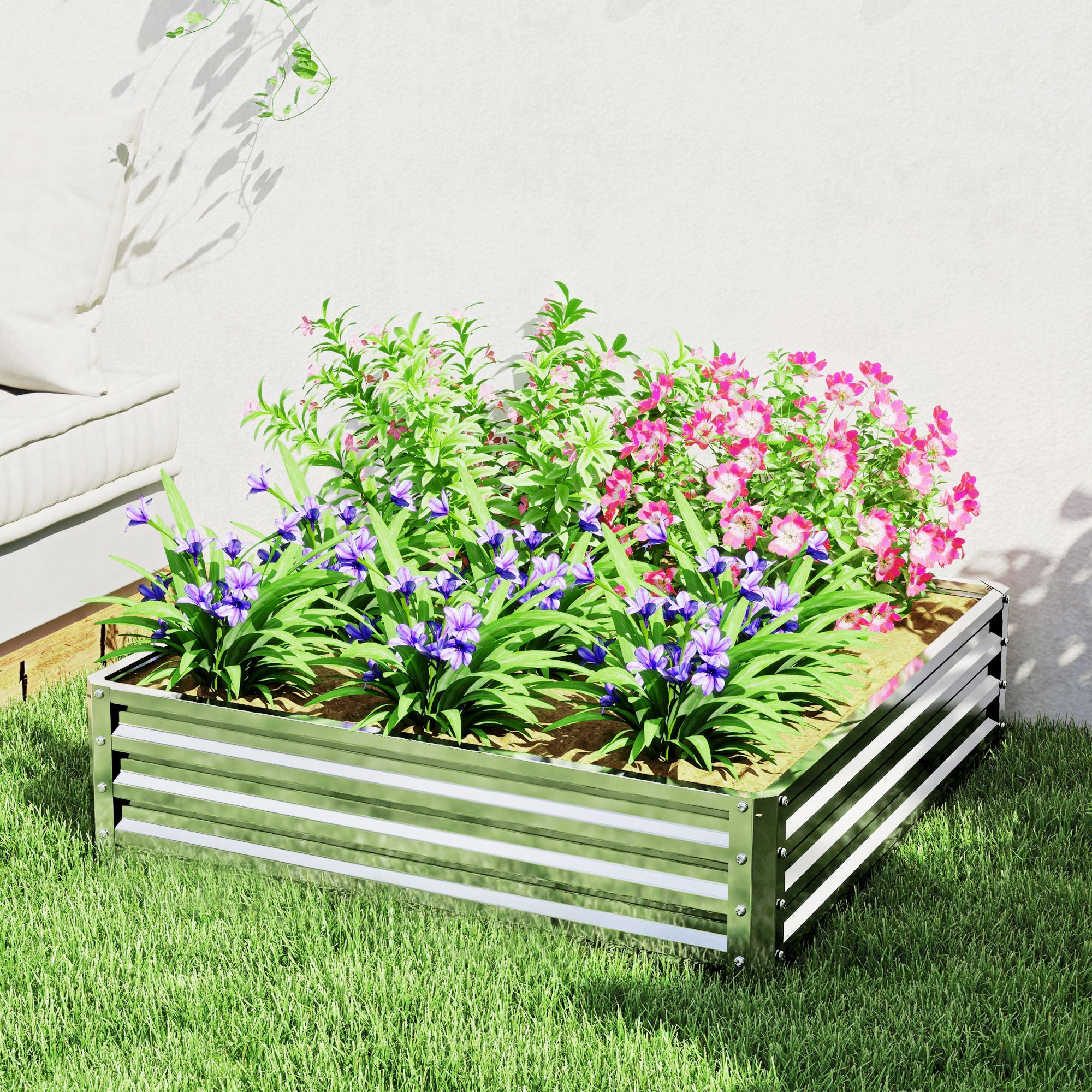 Outsunny 4' x 4' x 1' Raised Garden Bed Galvanized Steel Planter Box for Vegetables, Flowers, Herbs, Silver 