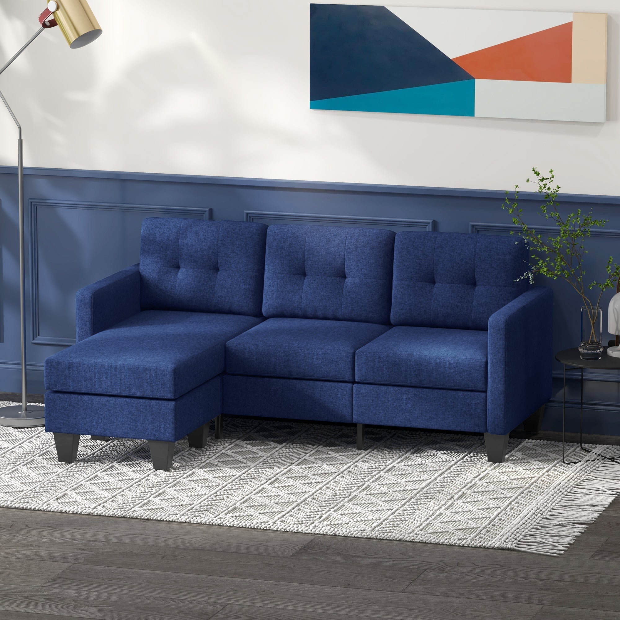 HOMCOM L-shaped Sofa, 3 Seater Sectional Couch with Ottoman, Corner Sofa with Thick Padded Cushion and Wood Legs, Dark Blue 