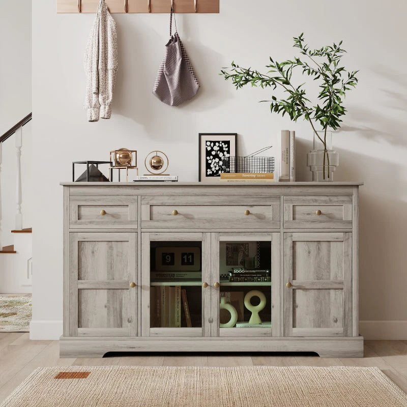 Dining Room Sideboard Buffet Cabinet with Storage, Coffee Bar Cabinet with Glass Doors and Adjustable Shelves, Weathered Grey Oak