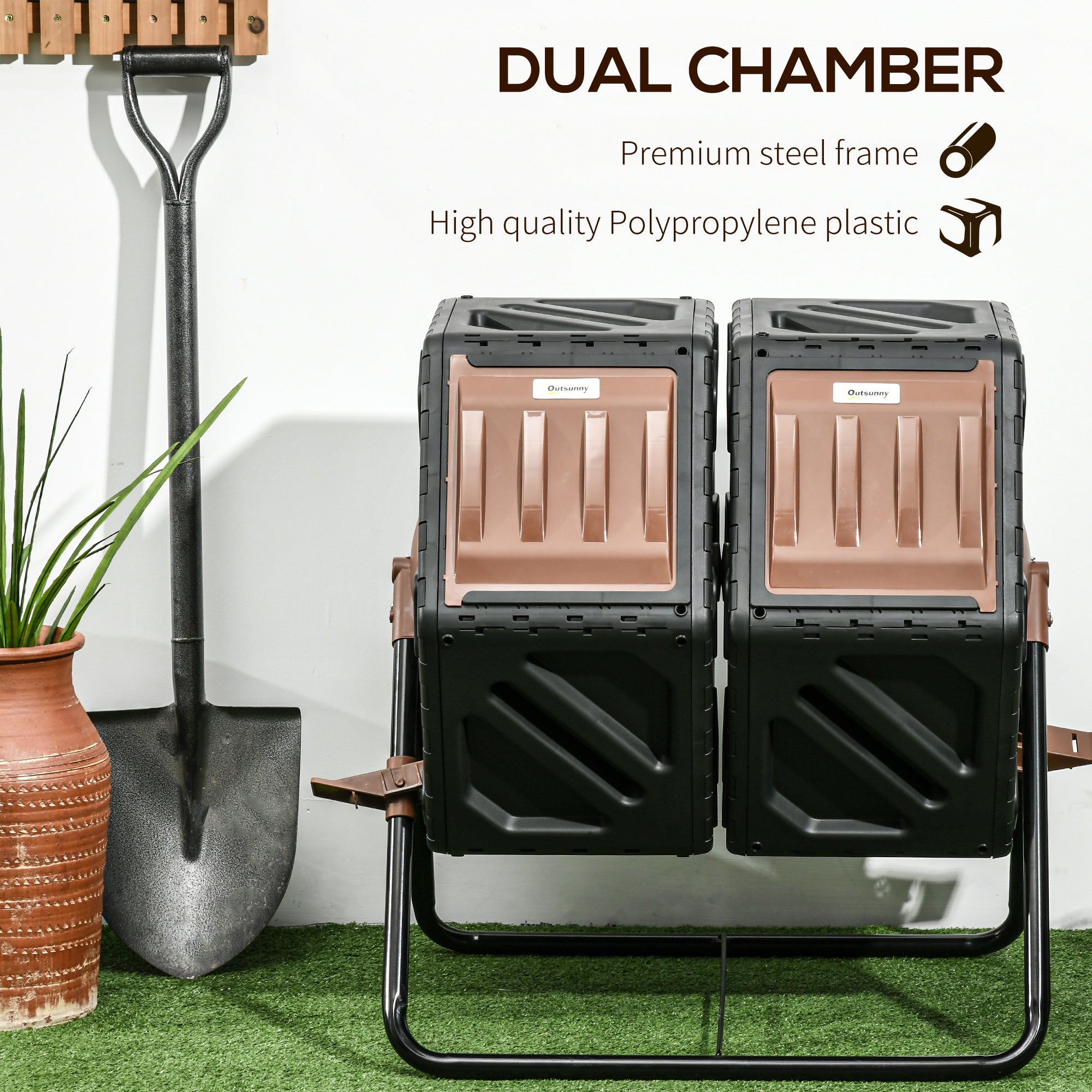 Outsunny Dual Chamber Compost Bin Rotating Composter with 24 Vents Steel Legs for Efficient Composting 34.5 Gallon 