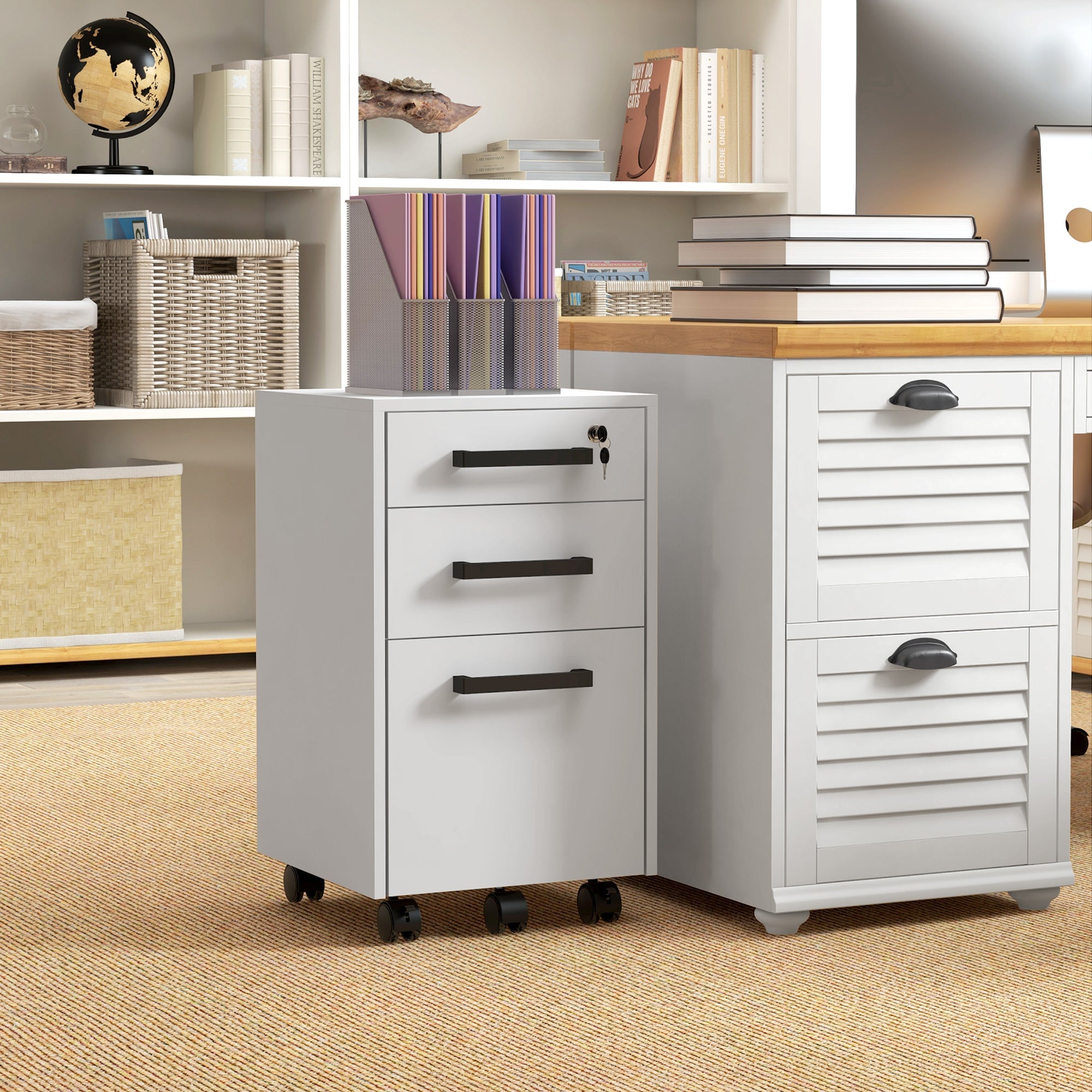 HOMCOM 3-Drawer Lockable File Cabinet Vertical Office Storage with Hanging Bars for A4 Letter Size Documents White 