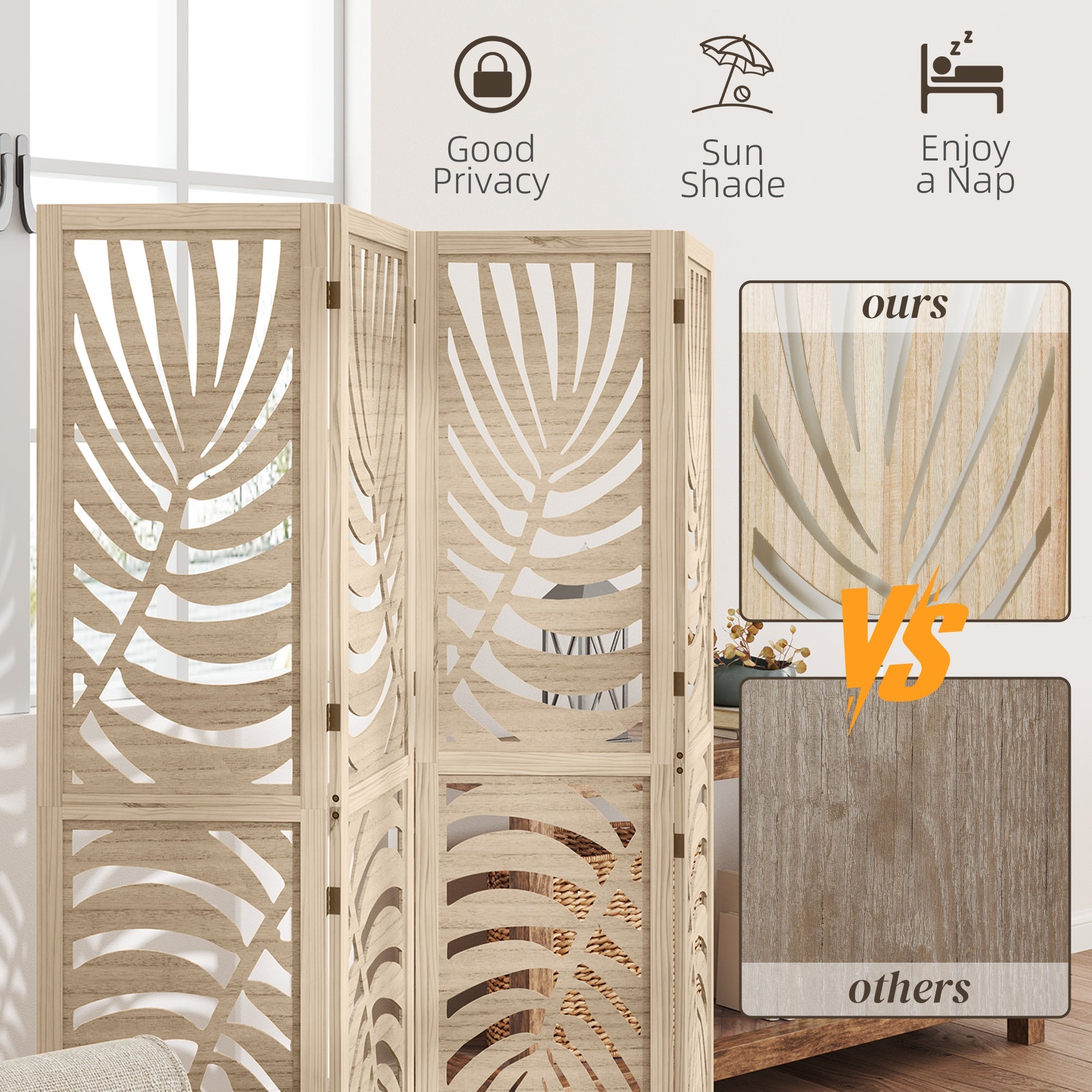 HOMCOM 4 Panel Room Divider, Detachable Folding Privacy Screens with Palm Leaf Design for Home Office, Natural Wood Finish 