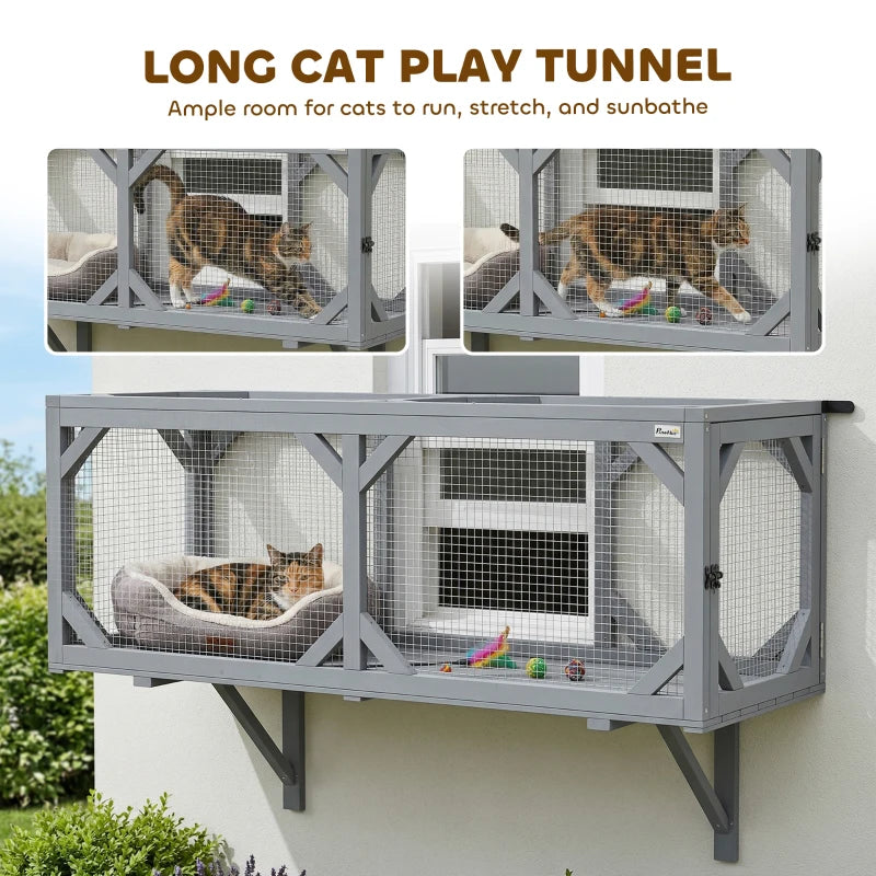 PawHut Wooden Outdoor Cat Tunnel Catio with 2 Access Doors, Wall or Floor Mount Extendable Pet Run