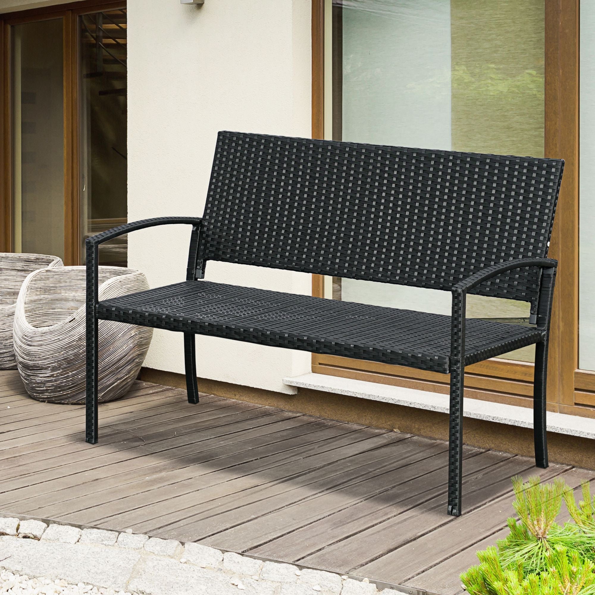 Outsunny Rattan Wicker Loveseat Furniture Hand Woven Portable Black 