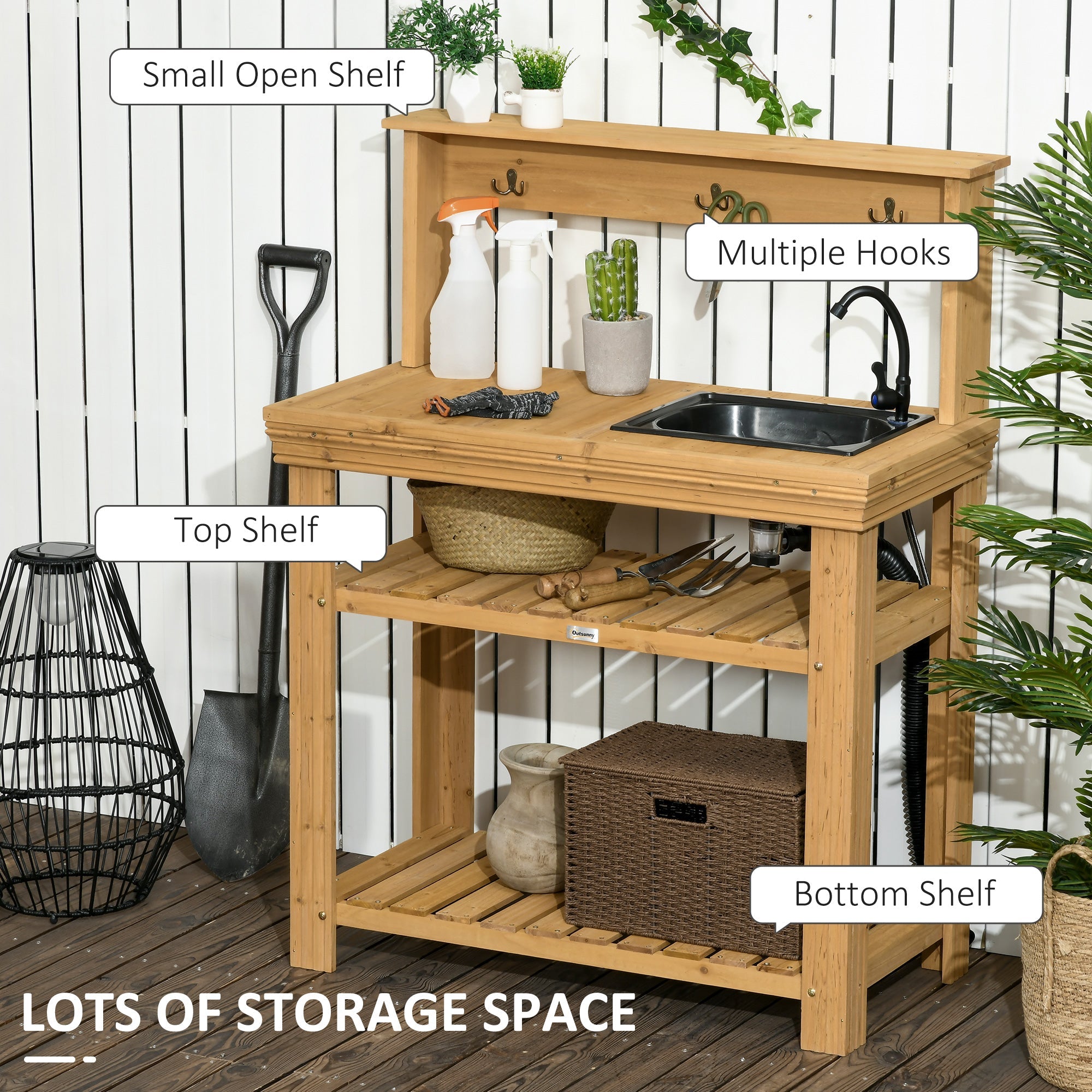 Outsunny Outdoor Potting Bench Table with Faucet, Removable Sink, Hooks and Storage Shelves, Wood Work Bench Workstation 