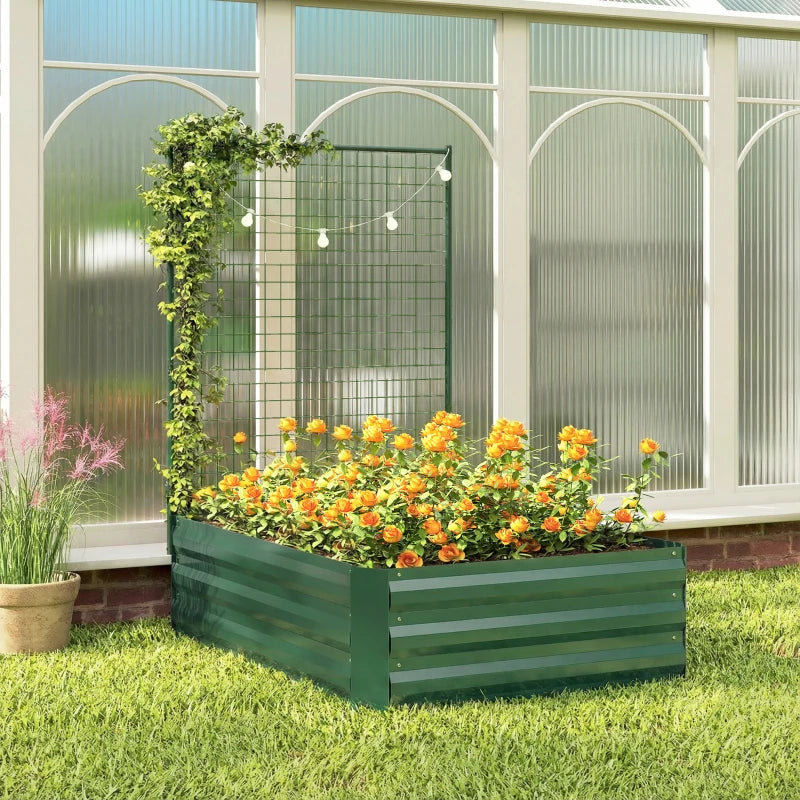Galvanized Raised Garden Bed with Trellis for Climbing Plants, Outdoor Planter Box with Open Bottom, Green