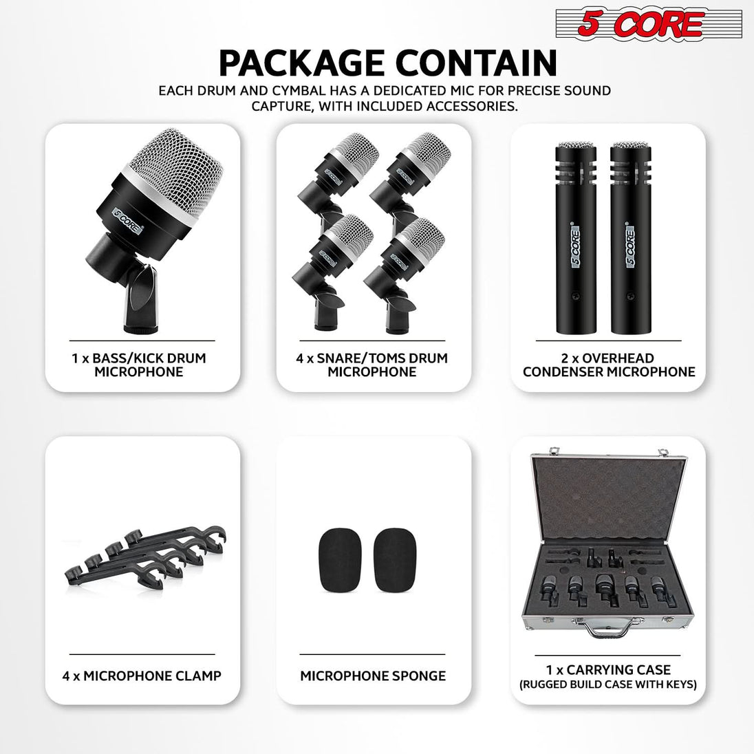 5Core Drum Mic Kit 7 Pcs Kick BassTom Snare Dynamic Microphone Instrument Mics Set Black