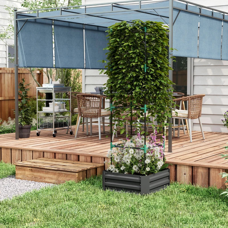 Galvanized Planter Box, Outdoor Raised Garden Bed with 4-Tier Trellis Tomato Cage for Climbing Vines, Vegetables, Grey