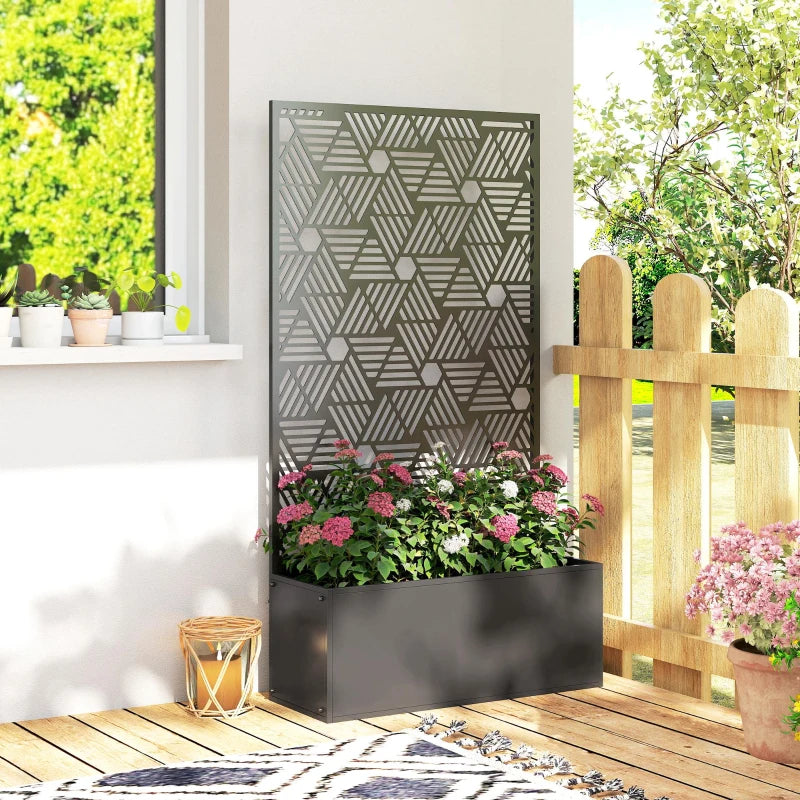 Metal Planter Box with Trellis, 44.5" Tall Raised Garden Bed with Privacy Screen, Hexagon and Line Cut-Out