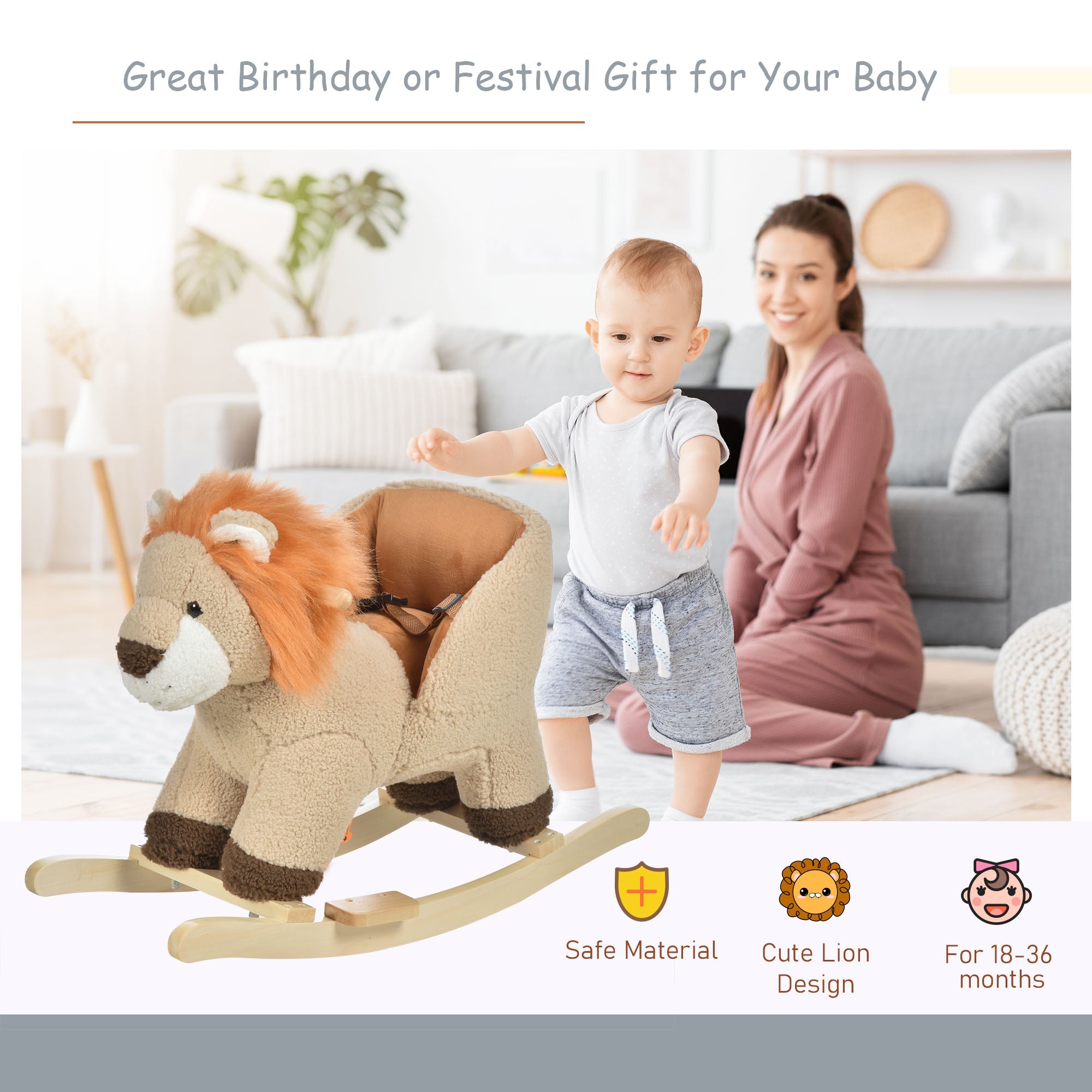 Qaba Lion Baby Rocking Horse - Plush Stuffed Rocker with Sound and Safety Belt, Wooden Base for Toddlers, Brown 