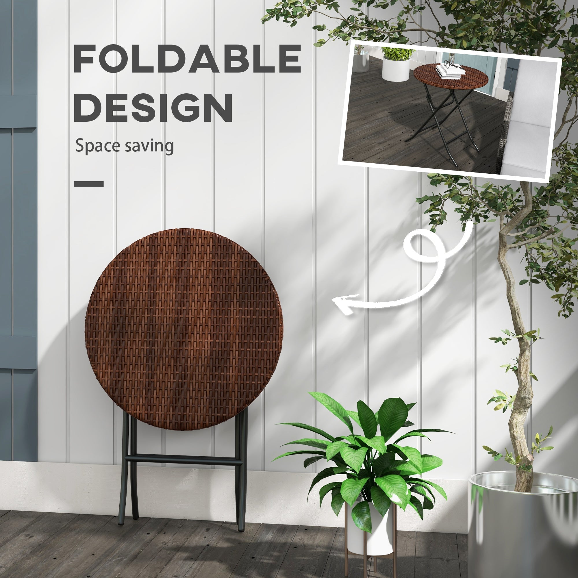 Outsunny Foldable Rattan Side Table Outdoor PE Wicker End Table Φ23.6" x 27.6" H Brown Patio Furniture 